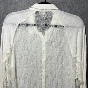 Hem &‎ Thread Ivory Lace Panel Gauze Button Down Shirt Large Boho Romantic Sheer thumbnail 10