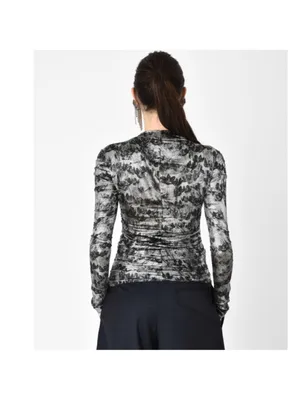 Isabel Marant Diego Floral Ruched Print Stretch Silk Blend Silver Black Top 36 thumbnail 11