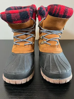 J. Crew‎ Perfect Winter Leather Red Plaid Flannel Winter Duck Boots H1891 Size 8 thumbnail 3