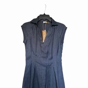 OGL Denim Look Midi Dress Collared Tie Waist Linen Blend NWT Extra Small thumbnail 3