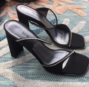 Bebe Evening Heels Jeanette Estella Black Clear Rhinestone size 6 Y2K Square Toe thumbnail 1