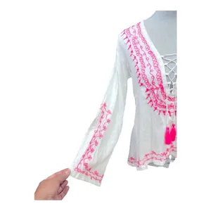 VINTAGE HAVANA WHITE AND NEON PINK EMBROIDERED GYPSY TUNIC TOP size M thumbnail 5