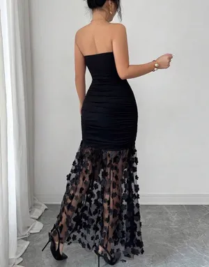 Rafferiza luxury and elegant three-dimensional floral pattern black strapless dress thumbnail 2