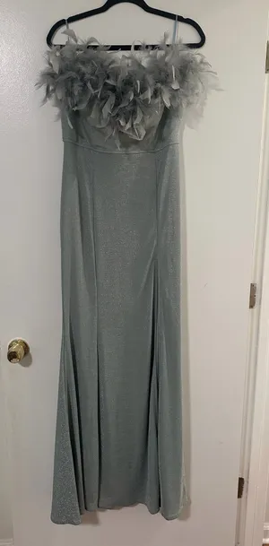 Maniju Strapless Feather-Trim Silver Evening Gown thumbnail 1