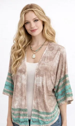 WYLD HEART Boho Tie Dye Kimono Cardigan Taupe Teal Lace Trim Open Front Size L thumbnail 1