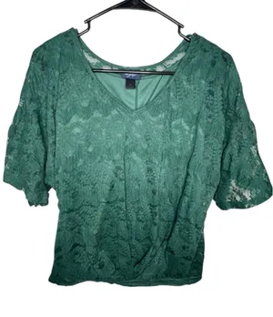 Daytrip Green Boho V-Neck Lace Overlay Short Sleeve Blouse thumbnail 1