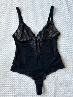 Plunge V Neck Shapewear Sculpting Thong Bodysuit L Black Lace Teddy Whimsigoth thumbnail 3