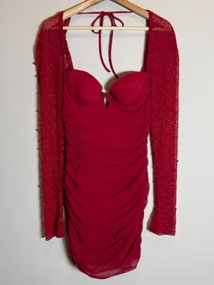 Oh Polly St. Germain Embellished Long Sleeve Mini Dress Women's 6 Red Pearls thumbnail 5