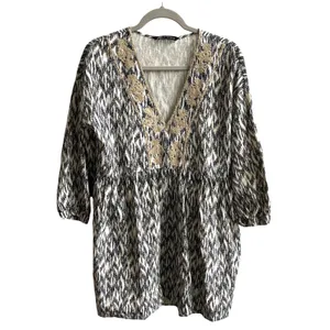 Zara Mini Dress Womens Medium‎ Black White Boho Embroidered V-Neck Ikat Babydoll thumbnail 3