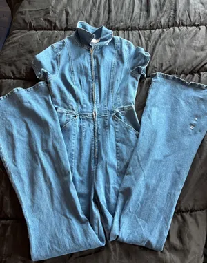 WILDGAT Denim Jumpsuit Medium Wash Short Sleeve Flare Leg Zip Front Blue Small thumbnail 1