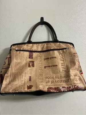 Women's Newspaper Print Tote Bag in Beige and Brown thumbnail 2