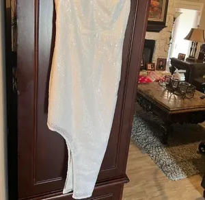 lulu’s white, sequin, sparkly slit dress with adjustable straps thumbnail 9