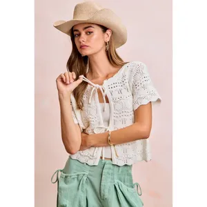 BiBi Front Bow Tie Detail Pointelle Knit Top - Ivory - XL thumbnail 10