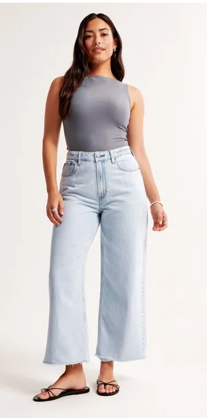Abercrombie Lightweight Drapey Rigid Curve Love High Rise Cropped Wide Leg Jean thumbnail 1