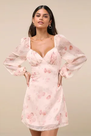 NWT Lulus Lovely Poise Light Pink Floral Tie-Back Long Sleeve Mini Dress Size M thumbnail 1