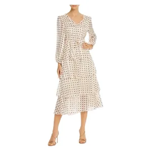 $168 NWOT O.P.T. Women's Beige V-Neck Long Sleeve Tiered Polka Dot Dress Size XS thumbnail 2