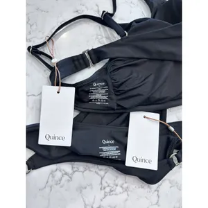 NWT Quince Black Italian V Neck Bikini To o & High Rise Ring Bottom Set Large thumbnail 3