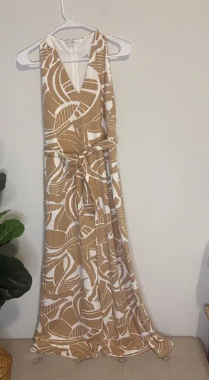 Cato Tan & White Abstract Print jumpsuit with Tie Waist Large petite thumbnail 1
