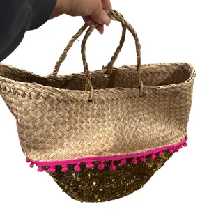 Natural Life Wicker Straw Sequined Pink Pom Pom Tote Beach Coquette Basket Bag thumbnail 1
