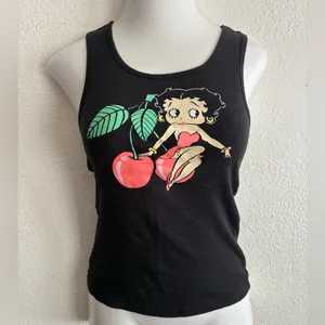 Betty Boop Cherry Black Tank Top With Cartoon Graphic M thumbnail 2