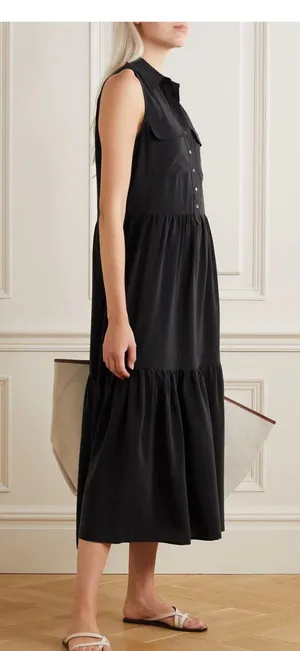 Equipment Femme Black Silk Allix Tiered Button Front Midi Dress Sz.M thumbnail 2