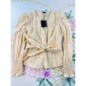 NBD Womens Cream Crinkle Wrap‎ Tie Waist Long Sleeve Blouse Top Size S thumbnail 4
