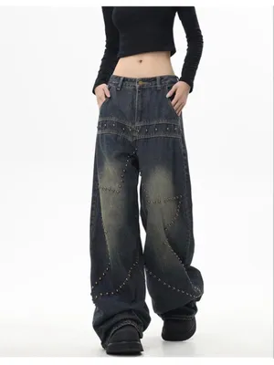 NEW Street Fashion Loose Jeans Y2k Rivet Star Gothic Loose Denim XS thumbnail 5