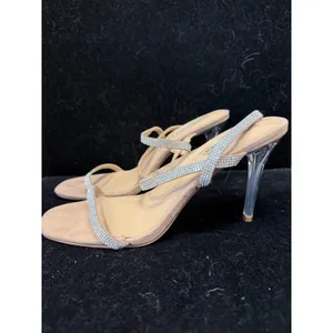 Steve Madden‎ Snappy Rhinestone Lucite Heel Sandals Tan Suede Crystal Strappy 9M thumbnail 2