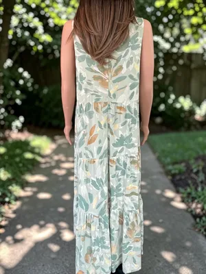 A New Day Sage Abstract Floral Tiered Maxi Dress Large 100% Rayon Boho thumbnail 6