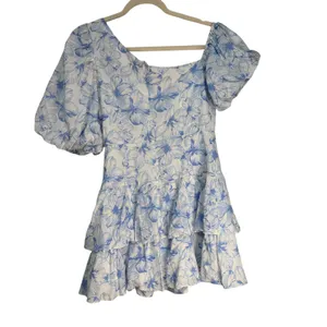 Hello Molly Blue Floral Tiered Ruffle Mini Dress Puff Sleeve Cotton Womens 6 M thumbnail 6