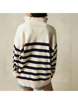 Free People Coastal Stripe Pullover in Champagne Navy - Blue Combo - Small thumbnail 3