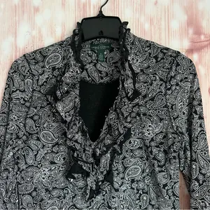 Lauren Ralph Lauren Black White Paisley Ruffle Front Long Sleeve Blouse Sz S thumbnail 11