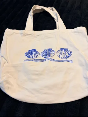Canvas Shell Tote Bag in White with Blue Print thumbnail 1