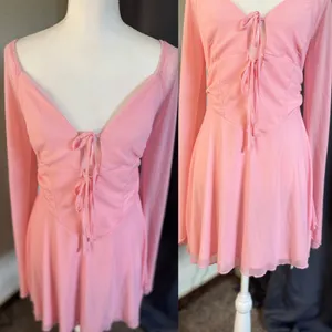 Marthea Mesh Mini Dress Womens Large Pink Tie Front Bell‎ Sleeve Coquette NWT thumbnail 3