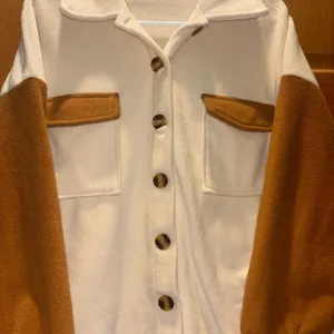 Cream and Tan Button Up Oversized Shacket Size Large Brown thumbnail 3