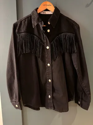Zara Black Denim Studded Fringe Western Jacket XS Shacket thumbnail 5