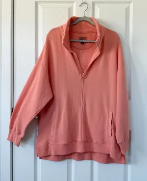 American Eagle Seriously Lived in Peach Coral V Neck Oversized Pullover Sweatshirt w Pockets thumbnail 1