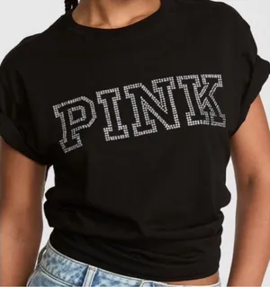 PINK Victoria's Secret Black Bling Diamanté Logo Campus Tee & Fleece Shorts L thumbnail 1