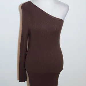 Jolie & Joy Brown Ribbed Knit Bodycon One-Shoulder Midi Dress NWT Size Medium thumbnail 3