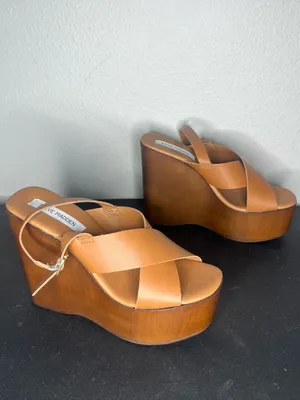Steve Madden Cognac Leather Criss Cross Open Toe Slingback Galaxy Wedge Sandals thumbnail 2