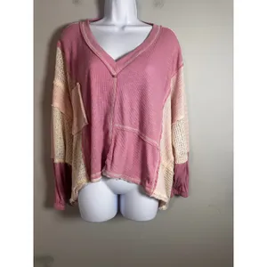 POL Womens‎ Pink Patchwork Waffle Knit Crochet Lace V-Neck Oversized Top Medium thumbnail 2