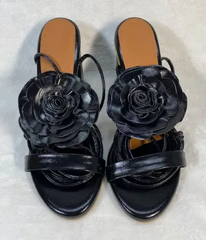 Lovella Flower Heels Block Heel Sandals‎ Strappy Party Shoes Black Size 9/39 thumbnail 1