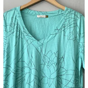Chalet Tunic Top Size Large Blue Bamboo Lotus Flower Floral Knit Lagenlook Artsy thumbnail 4