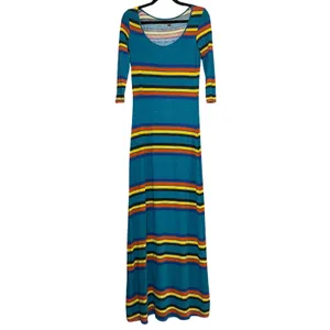 Hive & Honey‎ XS 3/4 Maxi Dress Teal Multicolor Striped Bodycon Boho Retro 70s thumbnail 4