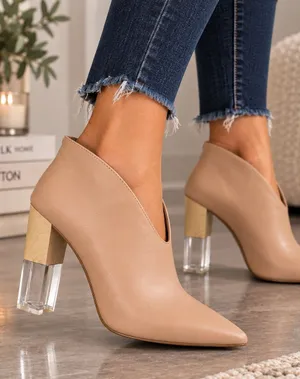 42 Gold Size 7.5M Nude Pointed Toe Clear Block Heel Ankle Booties NWOT thumbnail 1