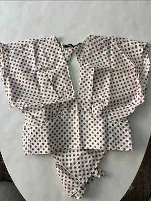 ZARA Linen Blend Polka Dot Crop Deep V Neck Tie Back Blouse Top White Mustard M thumbnail 4