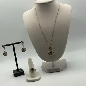 14K Gold Plated Stainless Steel Pink Crystal Necklace Earrings Ring Set NWOT thumbnail 2