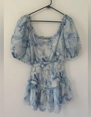 Saylor Violette Mini Dress Ultramarine Puff Sleeves Smocked Tiered Ruffle Small thumbnail 1