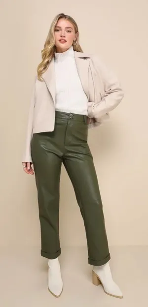 NWT Lulus Effortless Edge Vegan Leather Straight Leg Pants in Olive Green Size M thumbnail 1