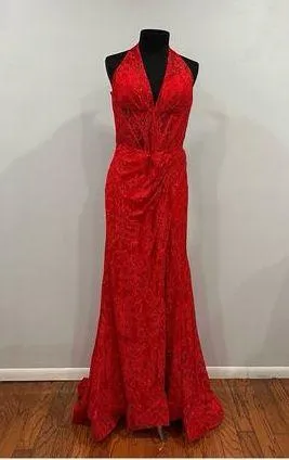 Sherri Hill 56134 Red Lace Halter Gown Sz 14 thumbnail 1